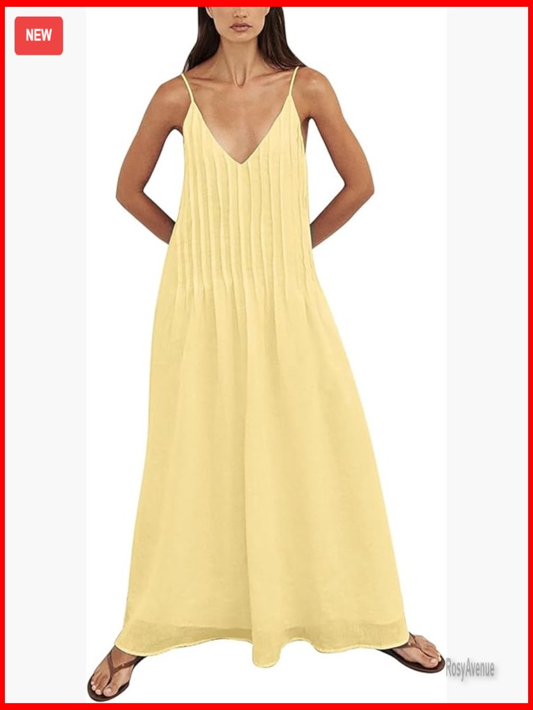 Pleated Maxi Sundress Sleeveless V-Neck Long Flowy Summer Dress S/M/L